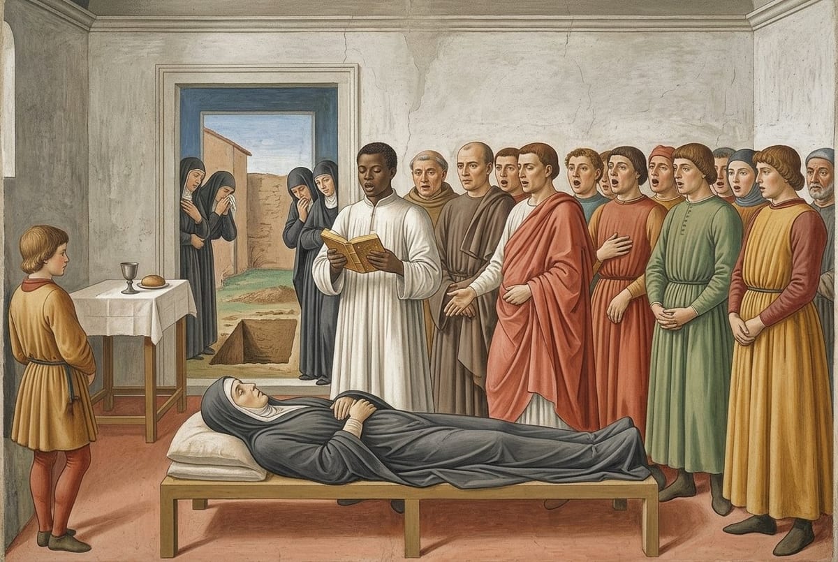 A fresco of a funeral in a plain whitewashed church: a woman in a dark widow's veil and mantle lies on a low wooden bier with her hands joined, while a young man at her head sings from an open psalter and a standing rank of men answers him; women weep quietly at the open doorway, through which an open grave can be seen, and a small table with a cup and a loaf stands at the left.