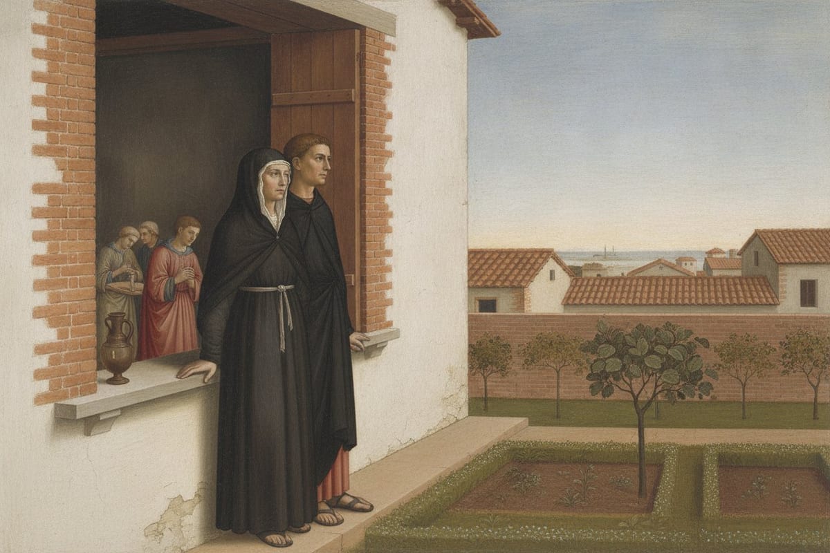 A woman in a dark widow's veil and mantle stands with her grown son in the deep window opening of a whitewashed upper room, both looking out over a walled garden towards tiled roofs and the flat water of the river mouth beyond; behind them, three of the household go about their work in the shadowed room.