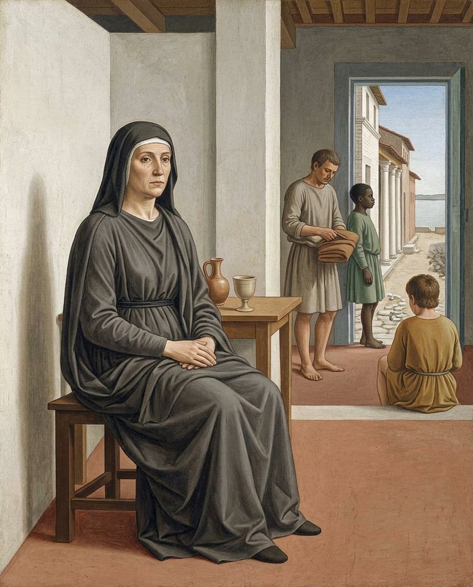 A woman in her middle fifties in a dark wool tunic and veil with a white cloth at the brow sits upright on a plain stool beside a bare wooden table holding an untouched cup and a small jug, while behind her a man folds cloth, a child stands in the open doorway and a boy sits on the step, with a colonnaded street and the pale water of the river mouth beyond.