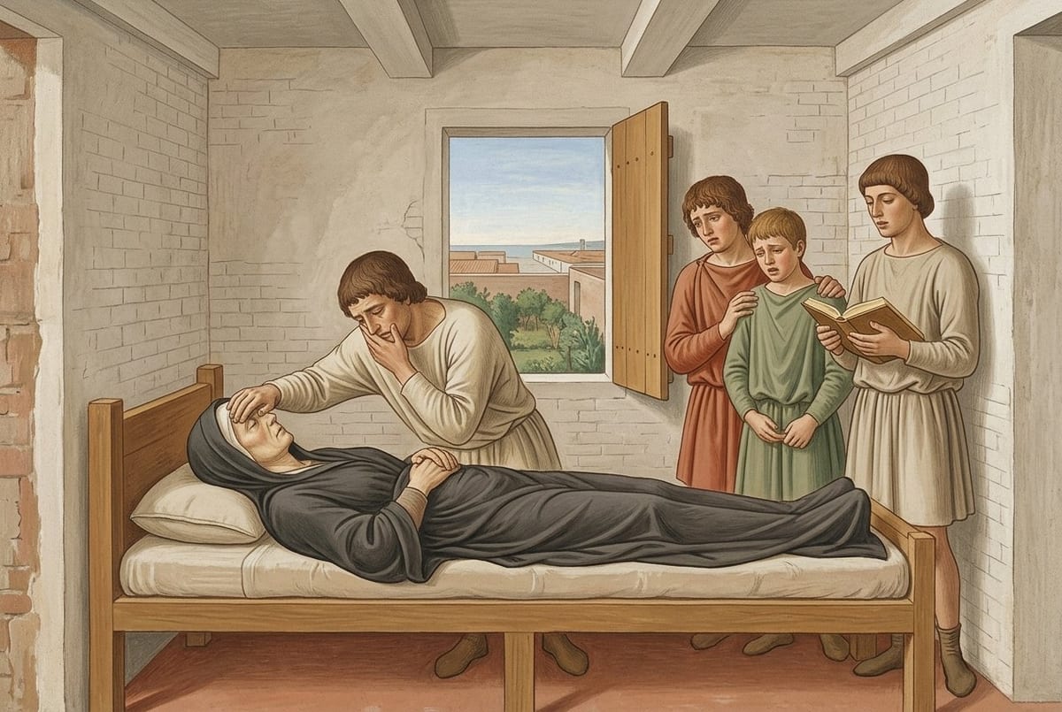 A fresco-style painting of a bare whitewashed room: an older woman in a dark widow's veil and mantle lies dead on a low wooden bed, her hands joined on her breast, while a man bends over her with one hand at her head and the other at his eyes, and behind him three others stand — a man in a red tunic, a boy held quiet by a hand on his shoulder, and a young man holding an open book — beside a shuttered window opening onto a garden and the harbour beyond.
