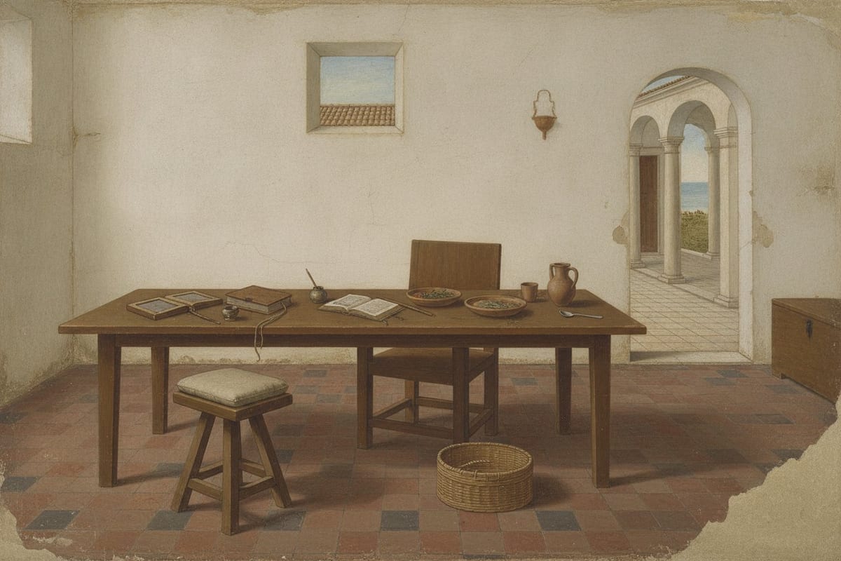 An empty whitewashed room with a red and black tiled floor: a long plain wooden table holding wax tablets, a stylus, an open codex, an inkwell, two bowls of food, an earthenware jug, a cup and a silver spoon, with a chair behind it, a cushioned stool in front, a wicker basket on the floor, an unlit clay lamp on the wall and an arched doorway opening on a sunlit colonnade and the sea.