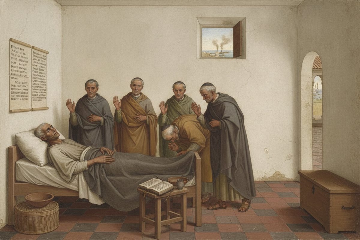 A fresco-style painting of a thin, white-haired old man lying propped on a low wooden bed in a bare whitewashed room, with five older men in plain tunics and mantles standing and bending around him in prayer, sheets of writing pinned to the wall behind, an open book and inkwell on a stool, and a small high window showing a harbour with columns of smoke rising beyond it.