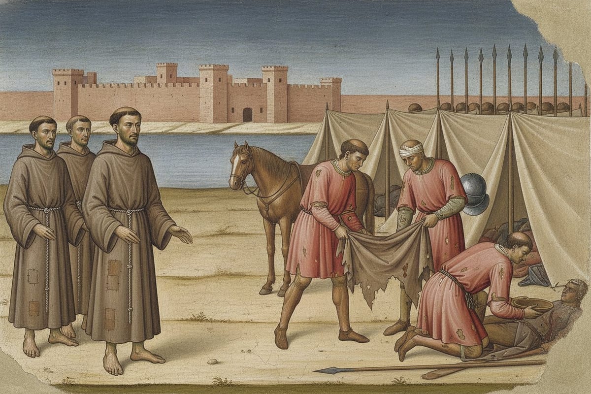 A medieval Italian wall painting of a crusader camp on a riverbank: three barefoot friars in patched brown tunics with rope girdles stand at the left, one turned toward the camp, while soldiers in rose tunics carry wounded men on a cloth among canvas tents, with the closed mud-brick walls and towers of Damietta across the water behind.