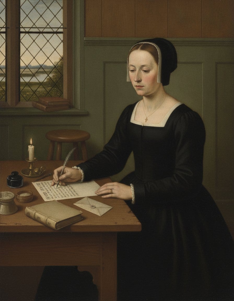 A young woman in a black Tudor gown and white gable hood sits at an oak table by a leaded window, her quill lifted from a half-written letter, with an inkhorn, a burning candle, a sealed letter and a closed book beside her.