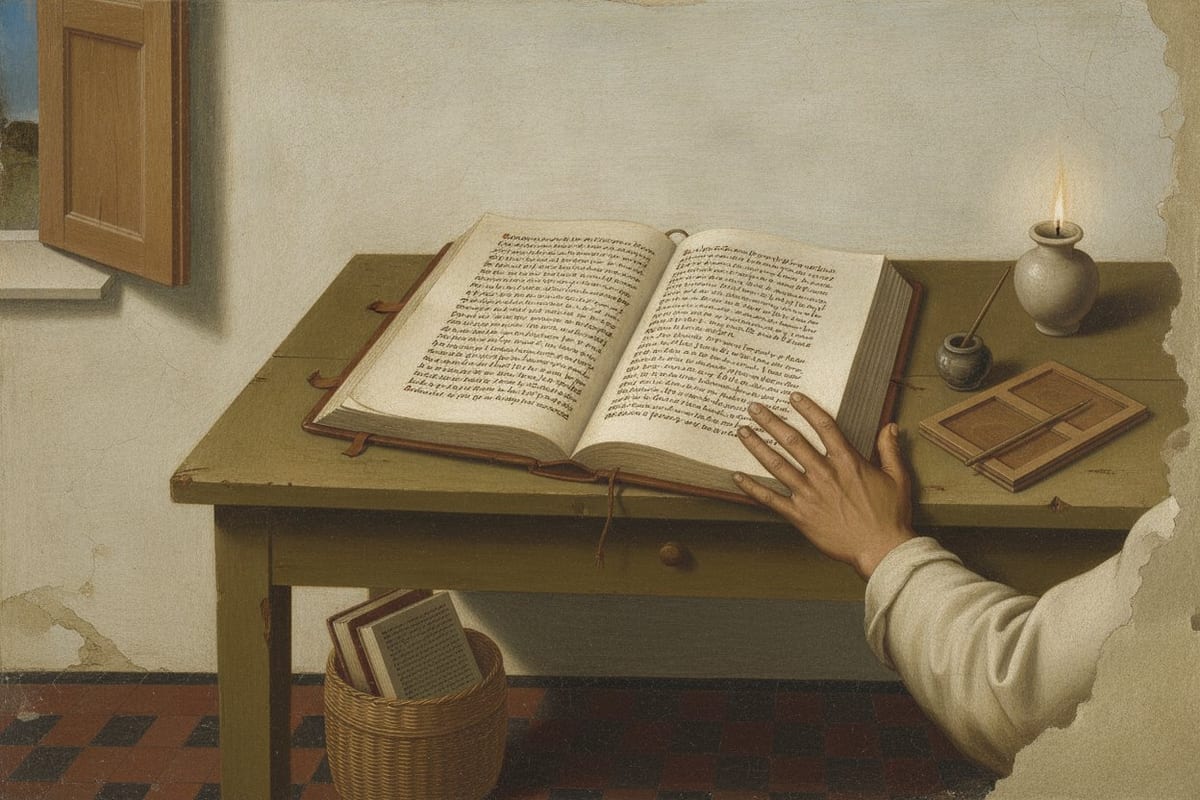 A painted still life of a wooden desk holding a large open handwritten codex, a reed pen in a small inkpot, hinged wax tablets and a lit clay oil lamp, with a bare hand resting on the open page and a wicker basket of books beneath.