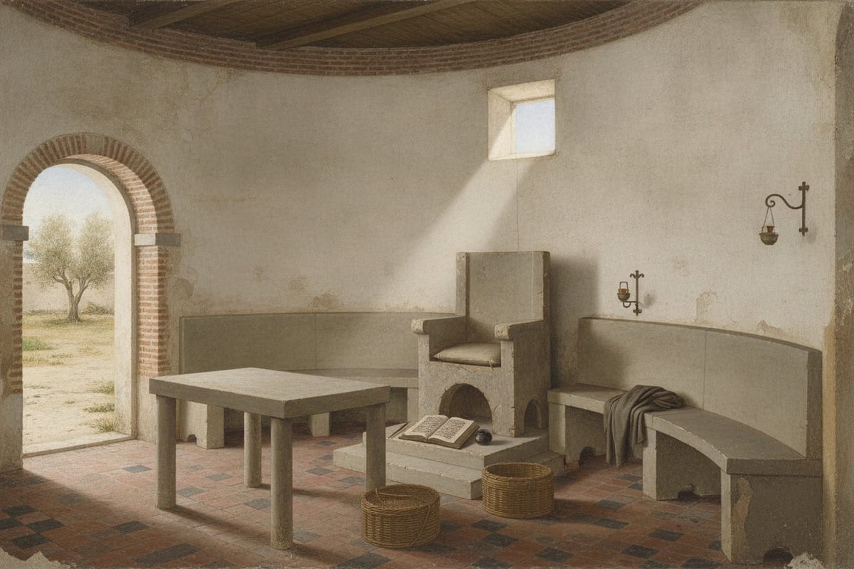 An empty stone bishop's chair raised on two steps against the curved apse of a small whitewashed brick church, with stone benches on either side, an open codex and inkwell on the step, wicker book-boxes on the mosaic floor, and an arched doorway open on an olive tree in the sun.