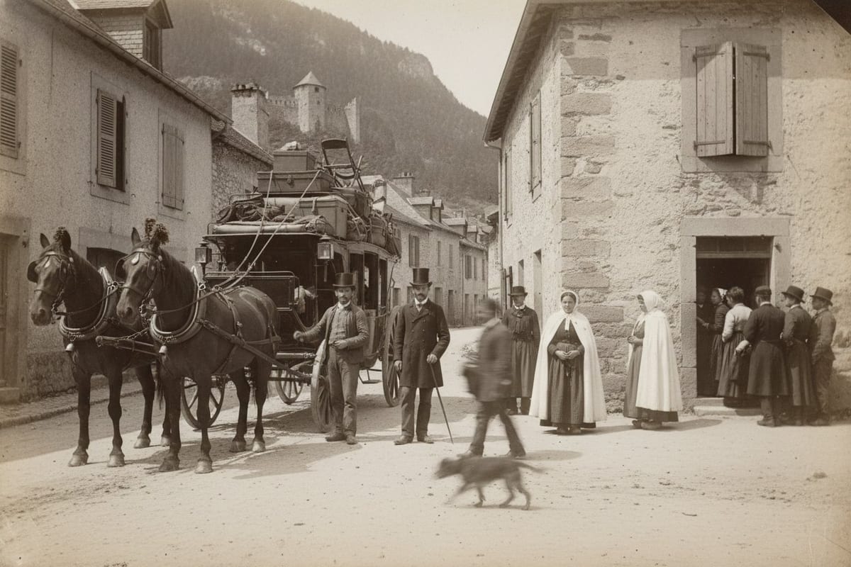 A sepia photograph of a horse-drawn diligence halted in the dusty street of a small Pyrenean town, its roof roped with trunks, men in top hats and frock coats standing beside it while two women in long white hooded capes wait at the corner and a group gathers at a doorway, with a wooded mountain and an old castle above the roofs.