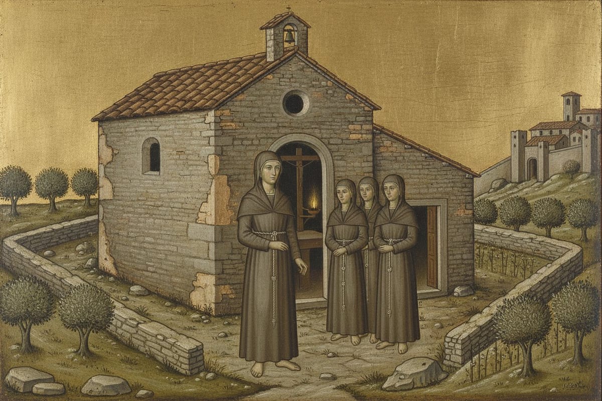 A gold-ground panel painting of a small stone church with a tiled roof and a single bell in its bell-cote, standing among olive terraces below a walled hill town, with four barefoot women in plain grey-brown habits and veils standing before its open door, where an oil lamp burns.