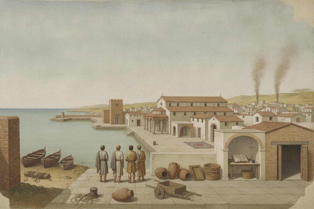 A painted view over a walled Roman North African port: an empty blue-green harbour with no ship on it, fishing boats hauled up on the shingle, a stone quay of idle jars, baskets and a hand-cart with four men in plain tunics looking out at the water, and behind them a whitewashed town with a tiled basilica and two columns of smoke rising over the dry hills inland.