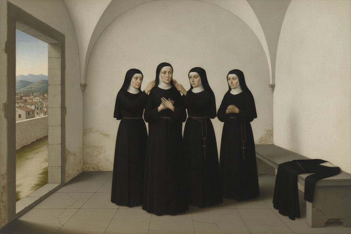 In a bare whitewashed vaulted room, two nuns in black habits settle a black veil on a young woman in the same habit while a third looks on; through an open stone doorway lie the roofs of a walled hill town and bare mountains.