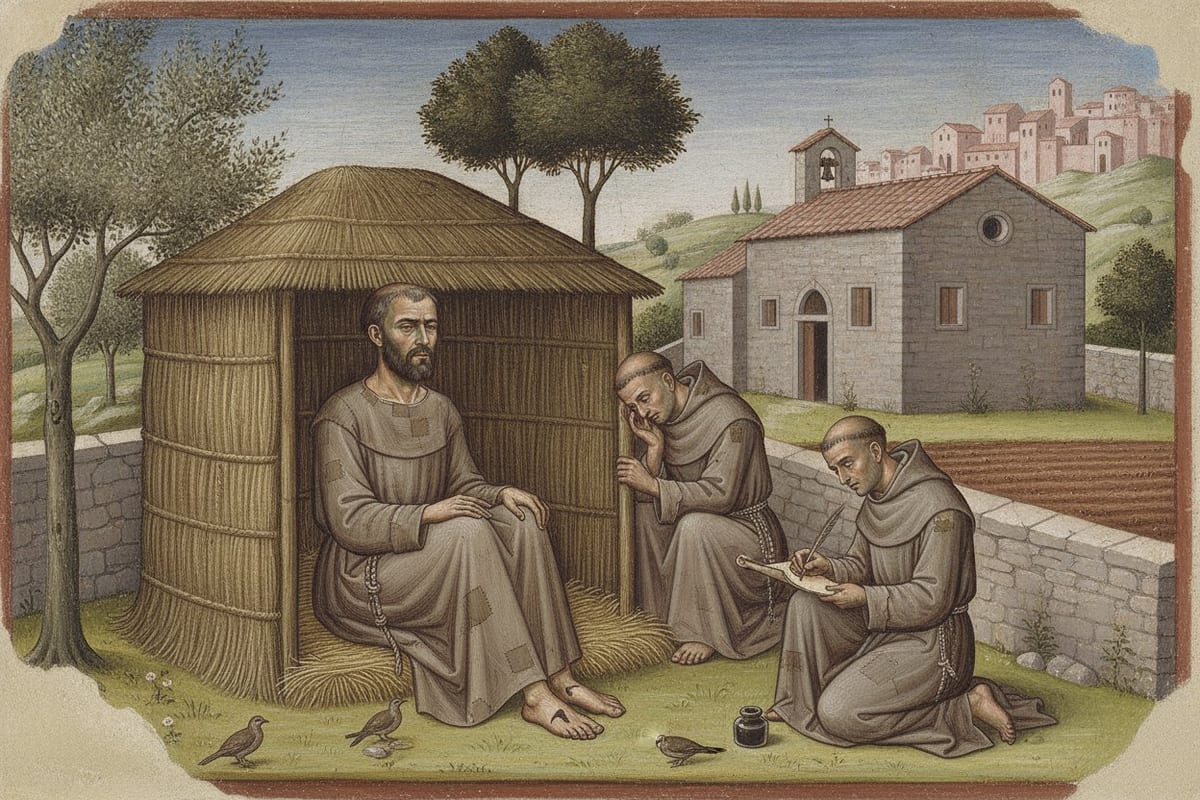 A medieval Italian painting of a barefoot friar in a patched grey-brown tunic and knotted rope girdle sitting on straw inside a low round hut of reeds in a walled garden, with two tonsured companions on the grass beside him, one of them writing on a sheet of parchment, a small stone church and an Umbrian hill town behind, and brown birds standing on the ground nearby.