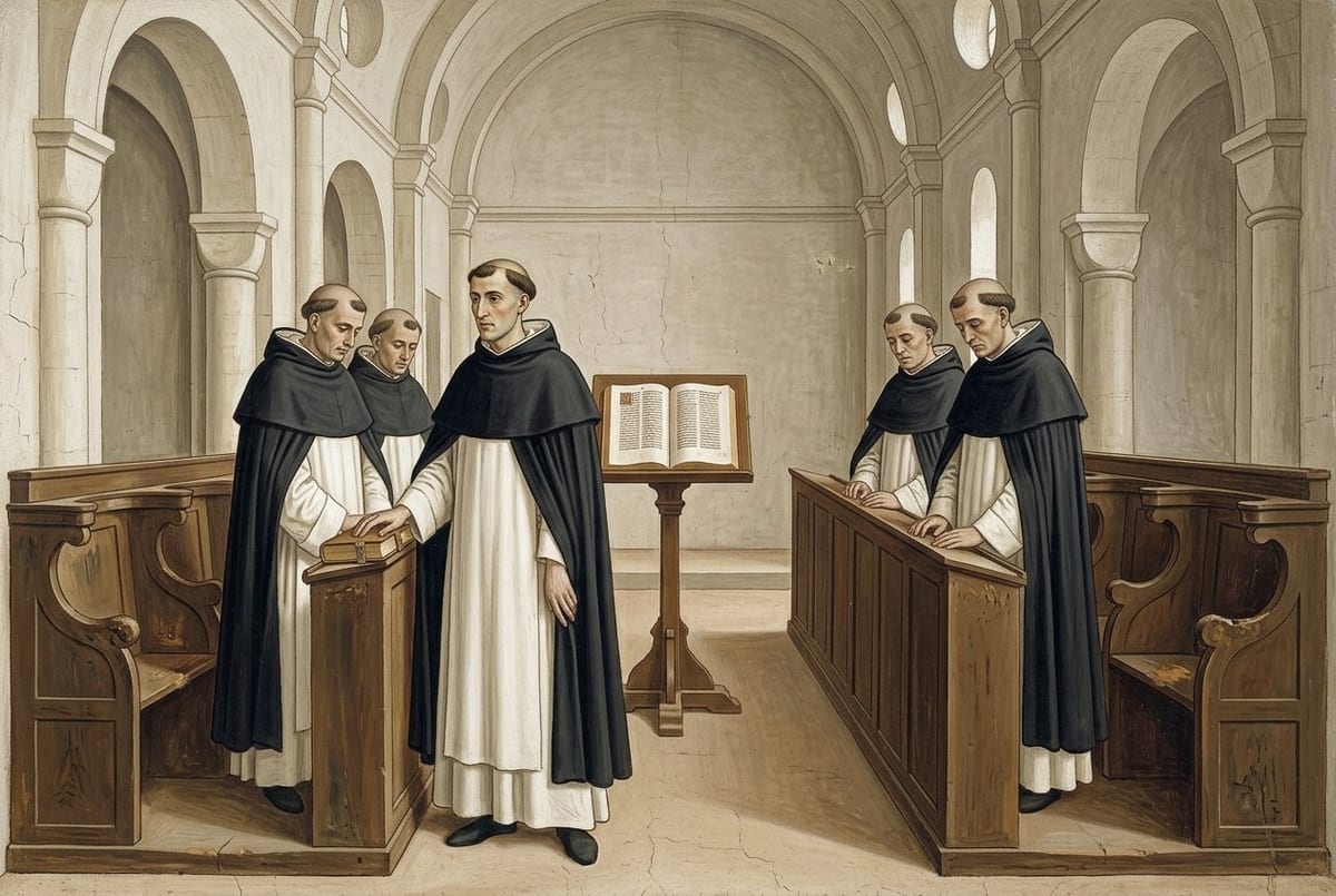 A young tonsured priest in a white tunic and black hooded cape stands at a wooden choir stall in a pale stone Romanesque church, a closed clasped manuscript beside his hand, four older canons at the stalls around him and an open book on a lectern behind.
