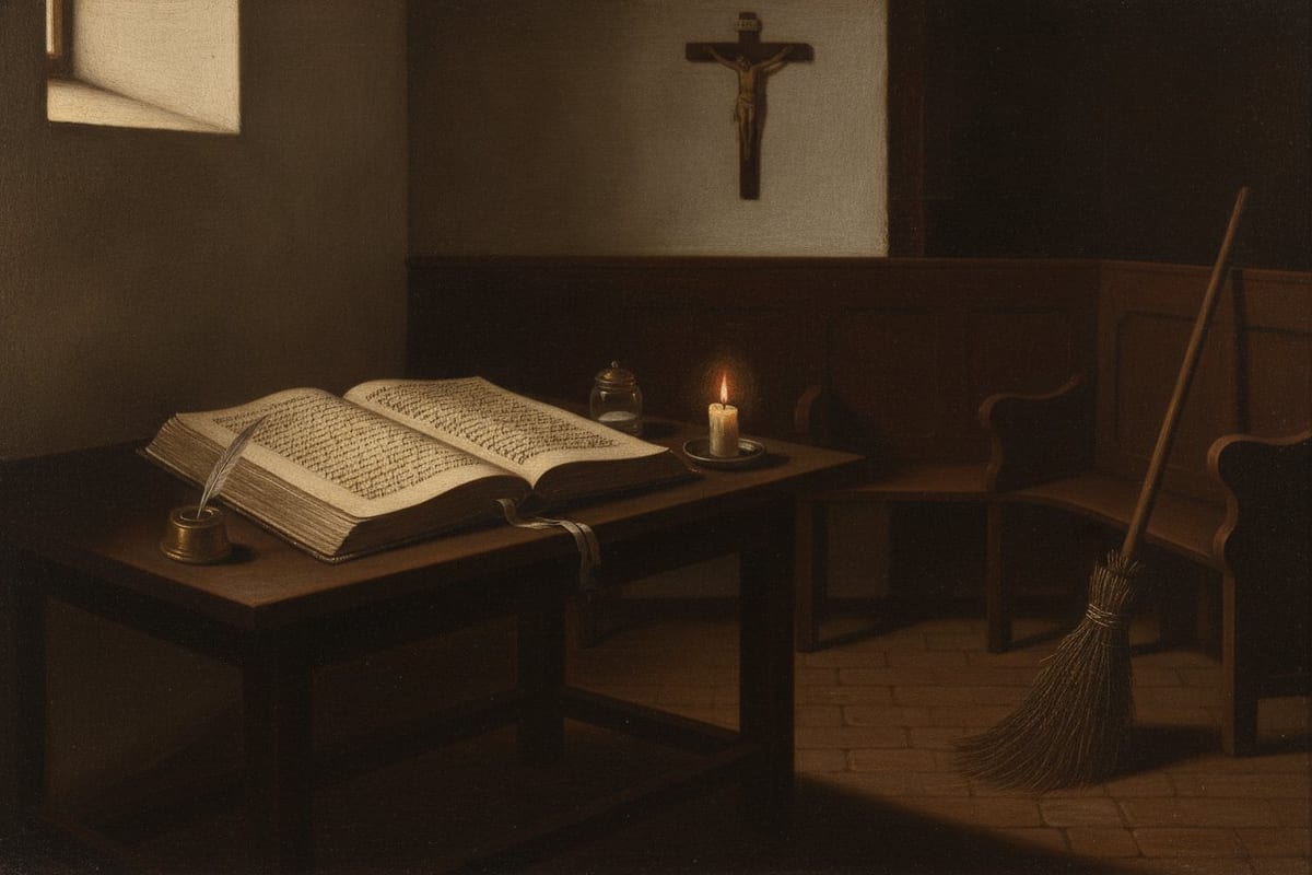 A dark seventeenth-century painted interior: a large handwritten register lies open on a heavy wooden table beside a quill, inkwell and burning candle, with a plain wooden crucifix on the whitewashed wall, carved choir stalls in shadow and a twig broom leaning at the right.