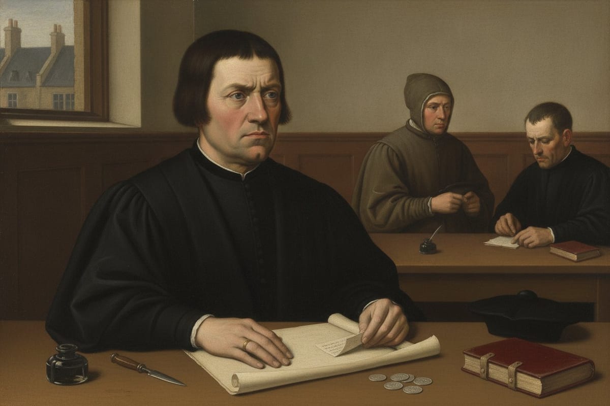 A clean-shaven man in a black wool gown sits behind a bench in a panelled City chamber, one hand flat on an open parchment roll, an inkhorn, quill knife, coins, a clasped book and a black flat cap on the table before him, with a hooded man and a clerk behind.