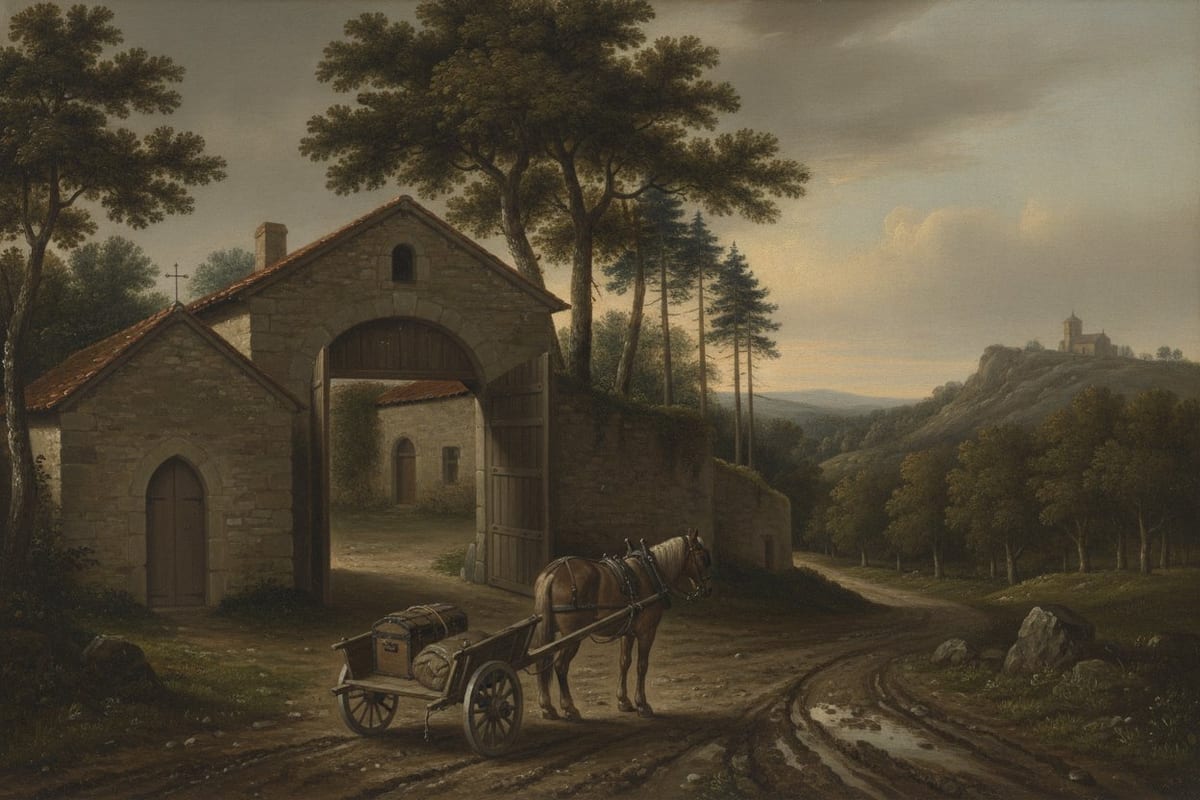 A dark oil painting of a stone manor gateway in wooded upland country, its timber gate half open on an empty courtyard, a small chapel beside it, and a horse harnessed to a two-wheeled cart carrying a single roped trunk on the rutted track outside, with a valley and a distant hilltop church beyond.