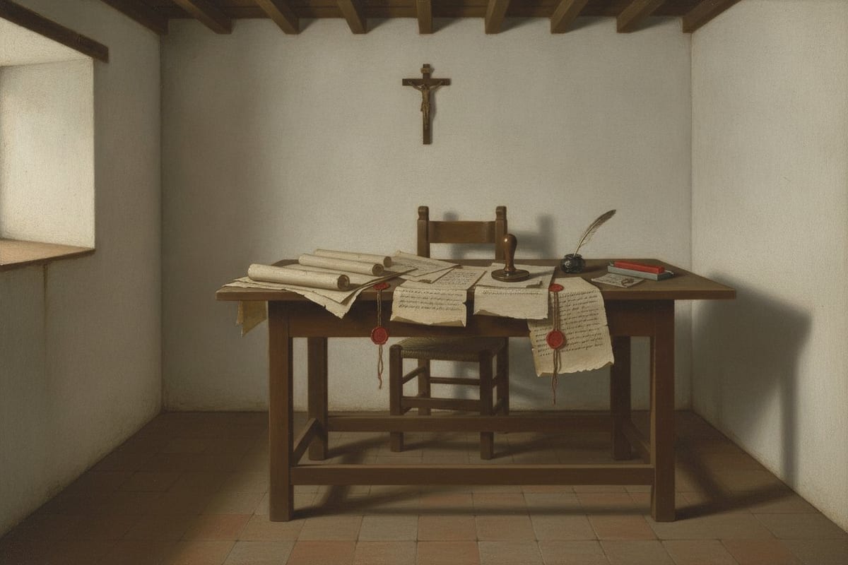 An oil painting of a small whitewashed room under bare beams: a plain heavy wooden table strewn with parchment patents, some rolled and some hanging over the edge with red wax seals on cords, beside a seal matrix, an inkwell and a quill; the chair behind the table is empty and a small dark crucifix hangs on the bare wall.