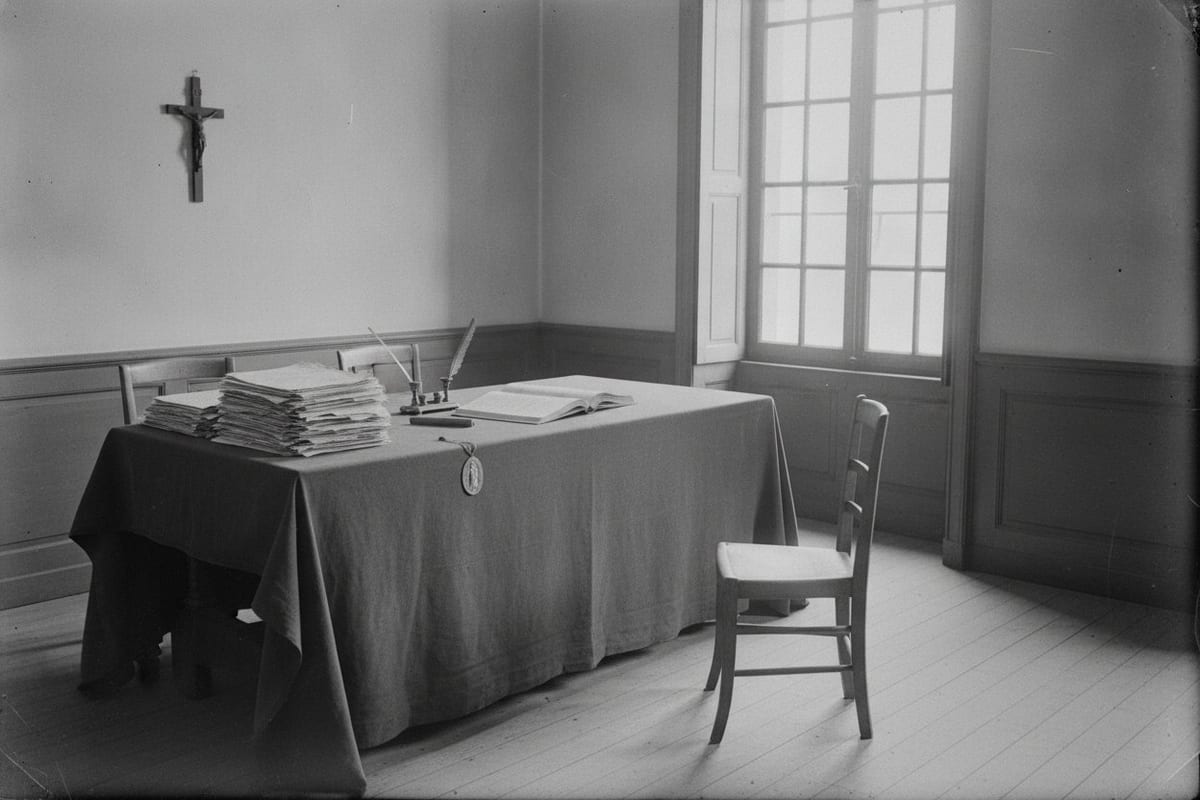 An empty upper room in grey daylight from a tall shuttered window: a long table under a heavy cloth bearing a thick stack of handwritten papers, an open register, an inkstand with two quills and a stick of sealing wax, and a small oval medal lying flat near the edge; a plain wooden chair stands apart facing the table, and a black crucifix hangs on the bare plaster wall.