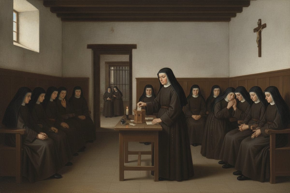 A plain whitewashed convent chapter room in which a Carmelite nun drops a folded paper slip into a small wooden urn on a table, watched by some eighteen nuns seated along wooden stalls on either side.
