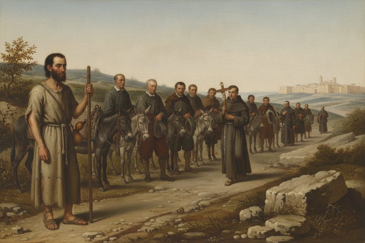 A painting of a gaunt, bearded man in a long coarse sackcloth garment holding a wooden staff in the foreground of a dusty stony road, with a file of travellers standing bare-headed beside their donkeys and a friar carrying a crucifix walking toward them, the pale walls of Jerusalem on a ridge in the distance.