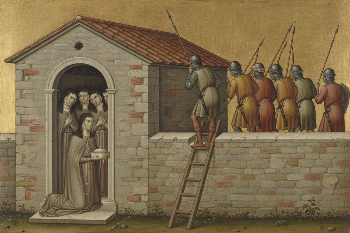A gold-ground panel painting: a veiled woman kneels low at the open door of a small stone convent, steadying a small lidded vessel on the threshold, with sisters crowded in the dark doorway behind her, while armed men climb down a ladder and file away along the top of the enclosure wall.