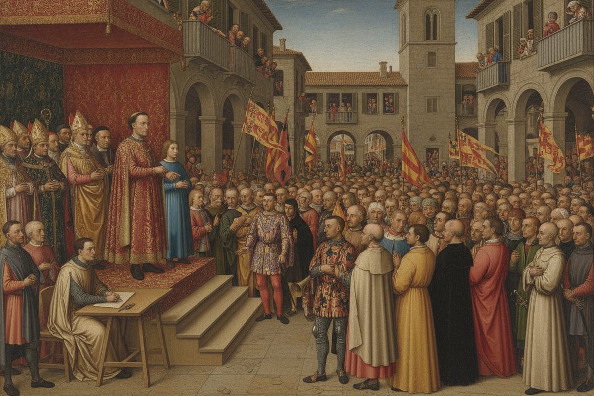 A crowded city square in a painting of the fifteenth century: a bareheaded man in a crimson and gold gown stands on a cloth-hung timber platform with a boy in blue beside him, mitred bishops and furred nobles ranged around them, a herald with a lowered trumpet and a notary writing at a trestle table below, and banners of red and yellow bars carried above a packed crowd of townspeople under stone arcades and balconies.