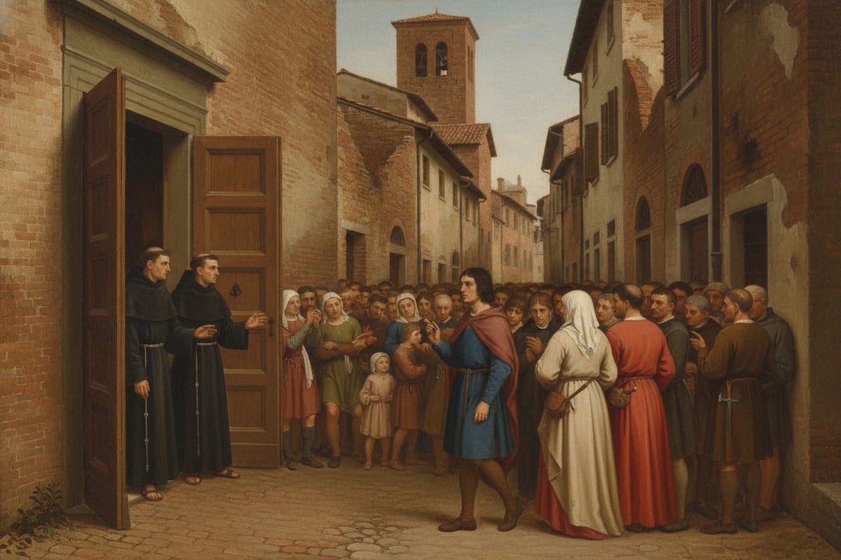 An oil painting of a narrow brick street in medieval Forlì, where two friars in black habits hold open the wooden doors of a church as a crowd of townspeople in wool tunics and head-cloths gathers, a dark-haired young man in a blue tunic and red cloak among them.