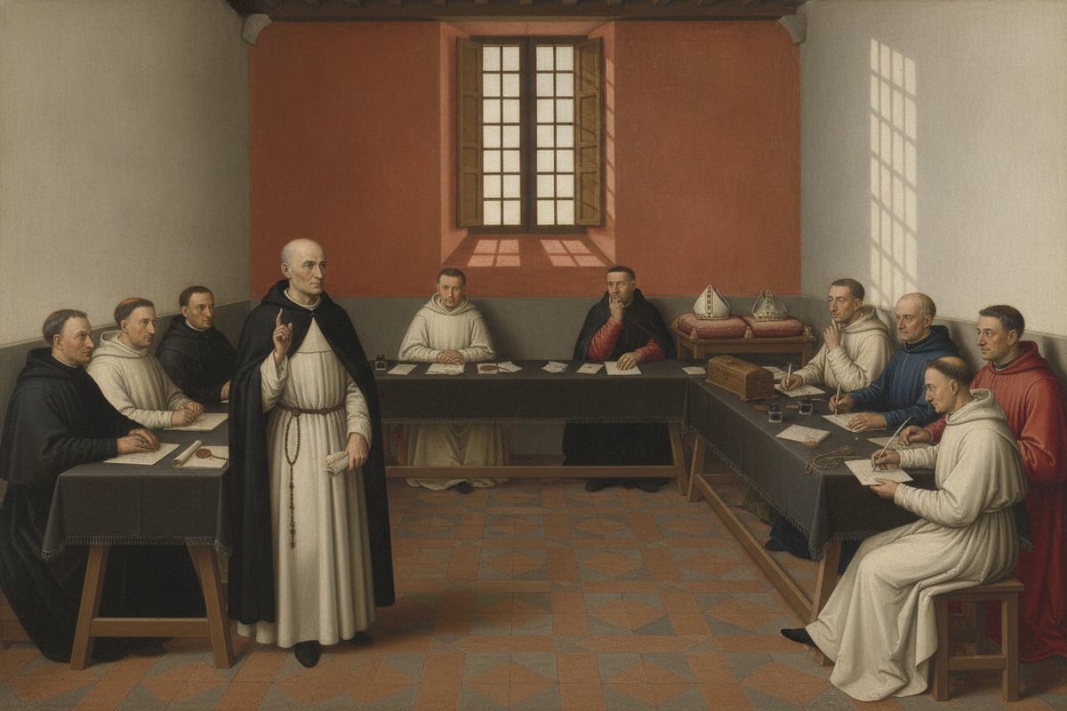 A panel painting of a hall with three cloth-covered trestle tables set on three sides of a square, nine seated men in religious and civic dress turned towards a thin, tonsured friar in a white habit and black cloak who stands at the left with his right index finger raised and a sealed parchment in his left hand; two mitres lie on a cushion on a side table and a clerk writes at the right.