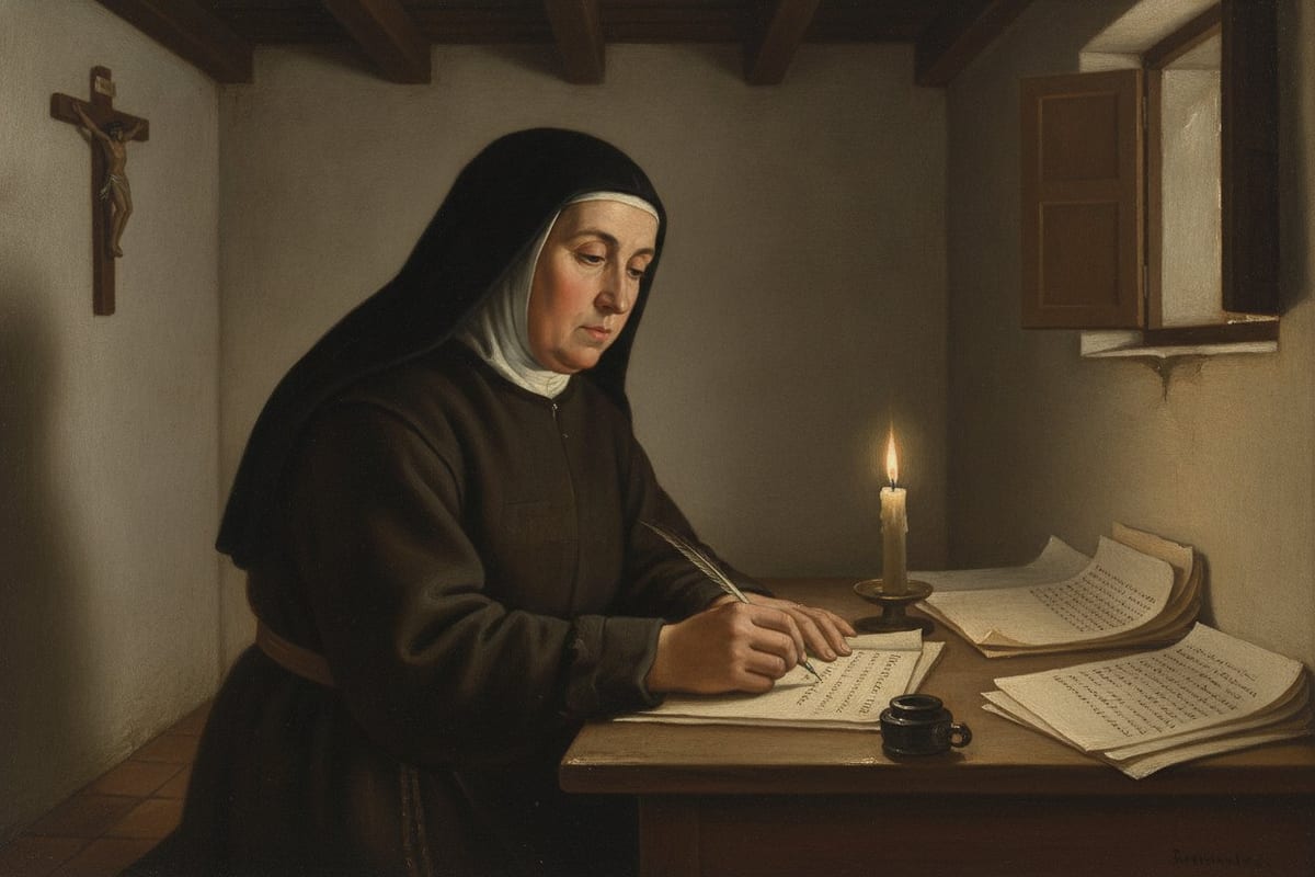 An oil painting of an elderly Carmelite nun in a dark habit, white coif and black veil, seated at a plain wooden table in a whitewashed cell, writing with a quill by the light of a single candle, with loose sheets and an inkhorn before her and a small wooden crucifix on the wall behind.