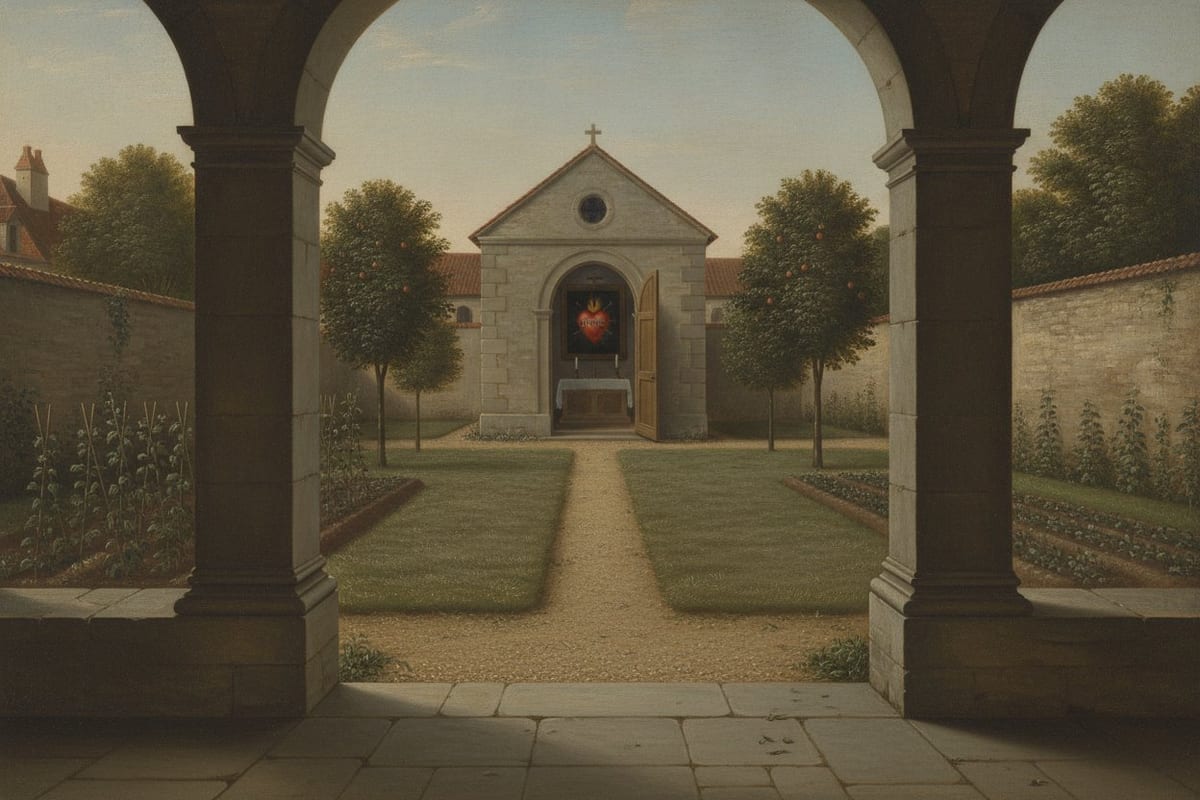 An empty convent garden seen from under a stone cloister arcade, with gravel paths leading to a small stone chapel whose open door shows a dark painting of the Sacred Heart above a linen-covered altar.
