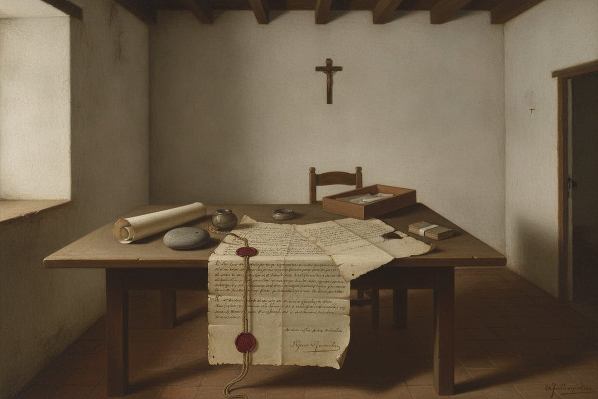 An empty whitewashed convent room with a plain wooden table holding two open parchment documents with red wax seals, an inkwell, a stone, a quill and a small book, lit from an unglazed window on the left, with a small dark crucifix on the far wall.