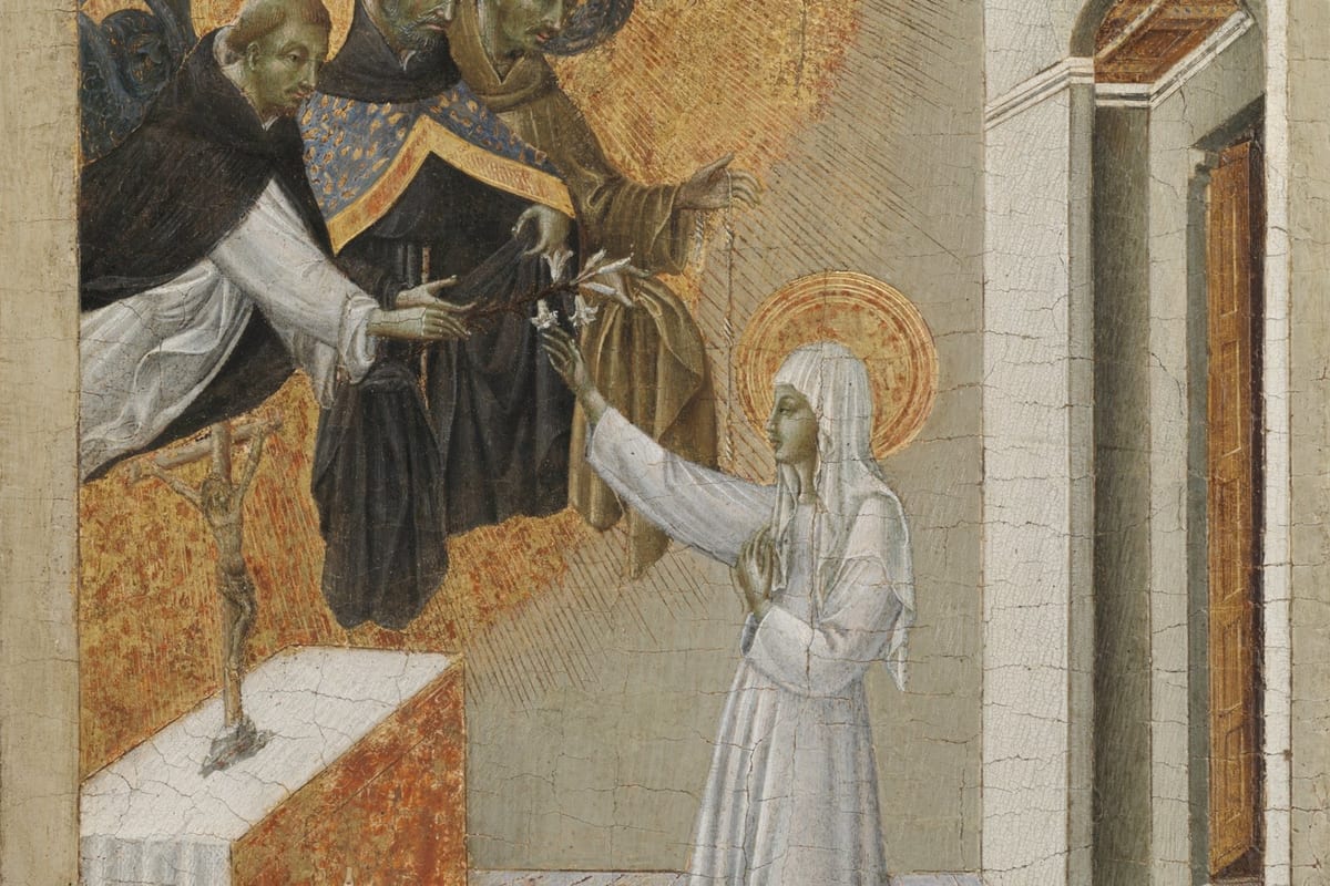 A young woman in a white habit and black mantle kneels before an altar with a crucifix, reaching up to receive a habit from three haloed Dominican saints appearing above her.