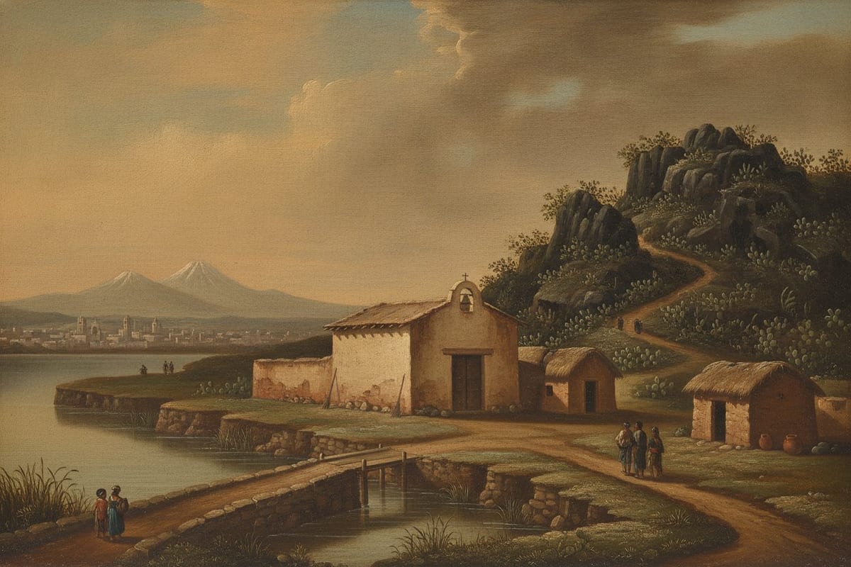A colonial oil painting of a small single-storey adobe chapel with a bell opening on the plain at the foot of a bare rocky hill covered in prickly pear and mesquite, a stone causeway and bridge crossing shallow lake water in the foreground, low huts and a few distant figures beside it, and the towers of a Spanish colonial city and two snow-capped volcanoes far off on the horizon.