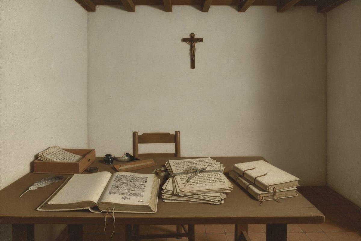 A plain whitewashed room with bare beams and a small dark crucifix on the wall, where an open printed book in limp vellum, a tied stack of handwritten sheets, a quill, an inkwell and two bound volumes lie on a heavy wooden table before an empty chair.