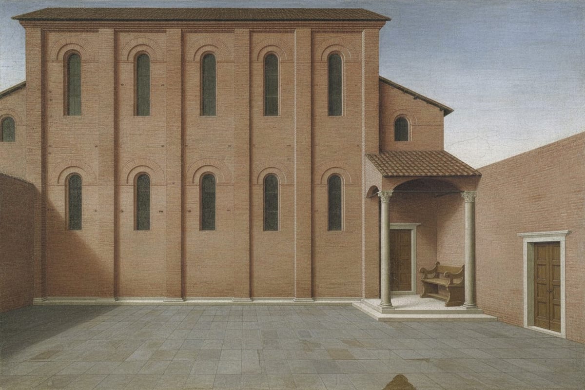 A painting of an empty paved forecourt before a large plain brick basilica with tall arched windows, a tiled portico on columns to one side with a wooden bench beneath it, and no people anywhere in the scene.