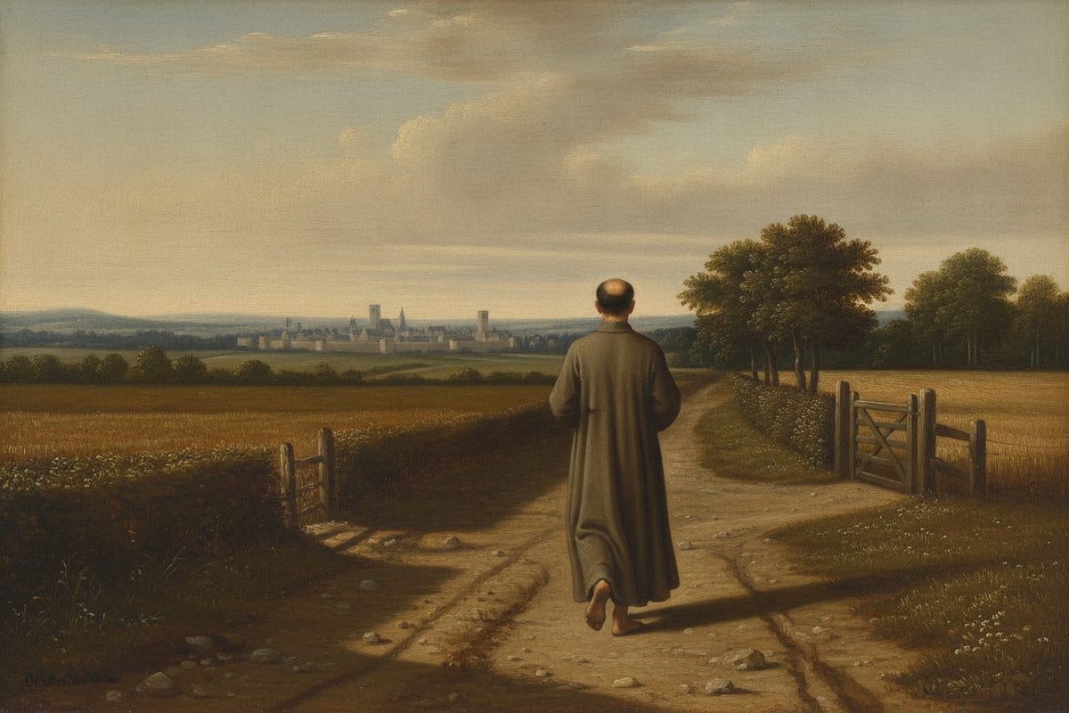 An oil painting of a lone barefoot man in a plain long gown walking away down a rutted earth track between stubble fields at dawn, a walled town small on the horizon.