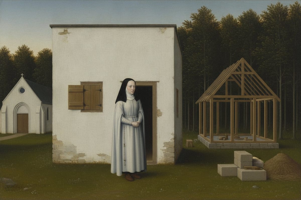 A young nun in a white Cistercian habit and black veil stands alone and still at the doorway of a small whitewashed building, her head slightly bowed and her hands folded; to the right, on the grass at the edge of a beech wood, the bare timber frame of an unroofed house stands on a low stone footing beside dressed stone and a pile of thatch, with a plain church in the distance at the left.