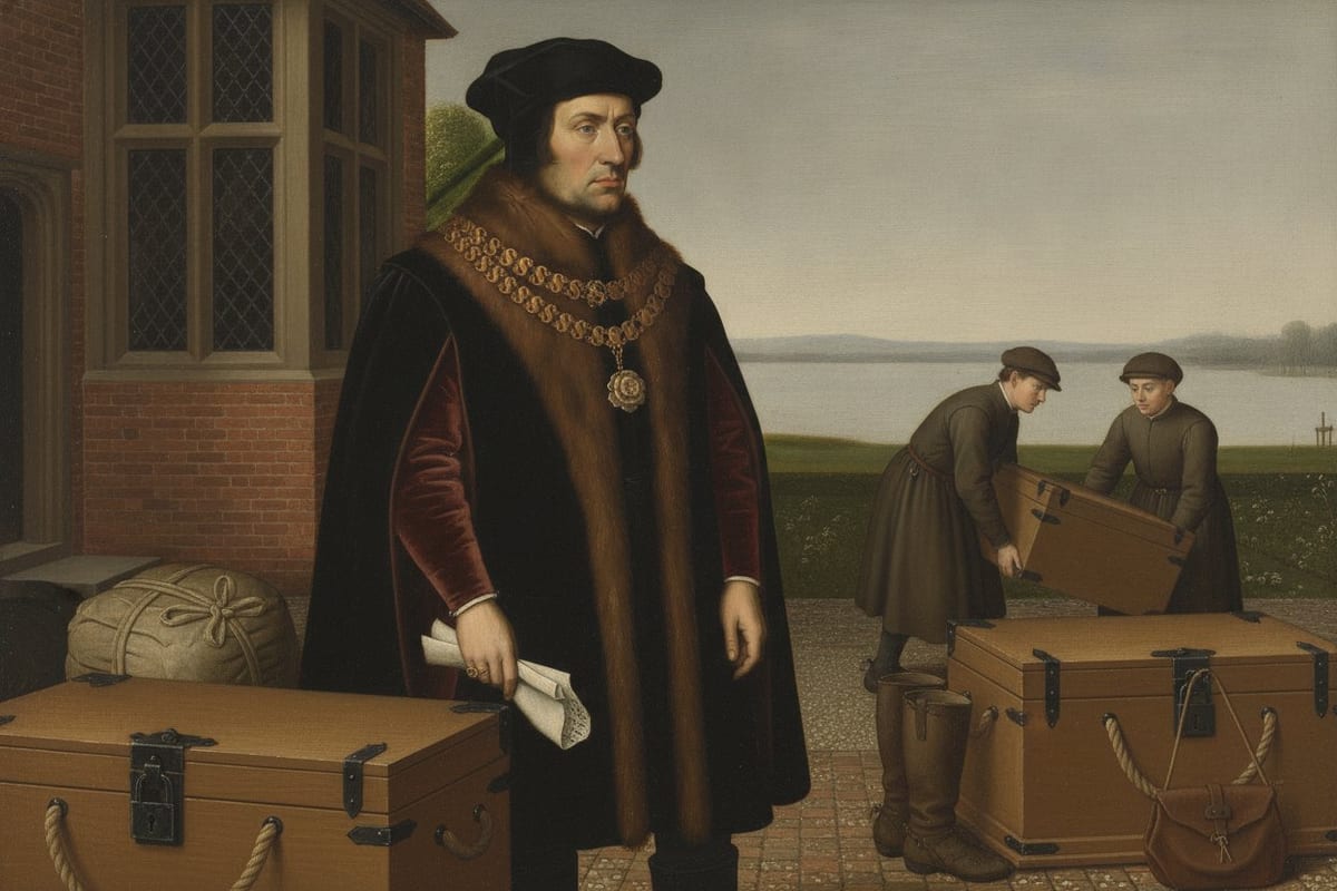 A Tudor gentleman in a black fur-collared gown and gold collar of esses stands in a riverside courtyard holding a folded letter, his travelling chests set down around him and two servants lifting a chest behind, the Thames flat and empty beyond.
