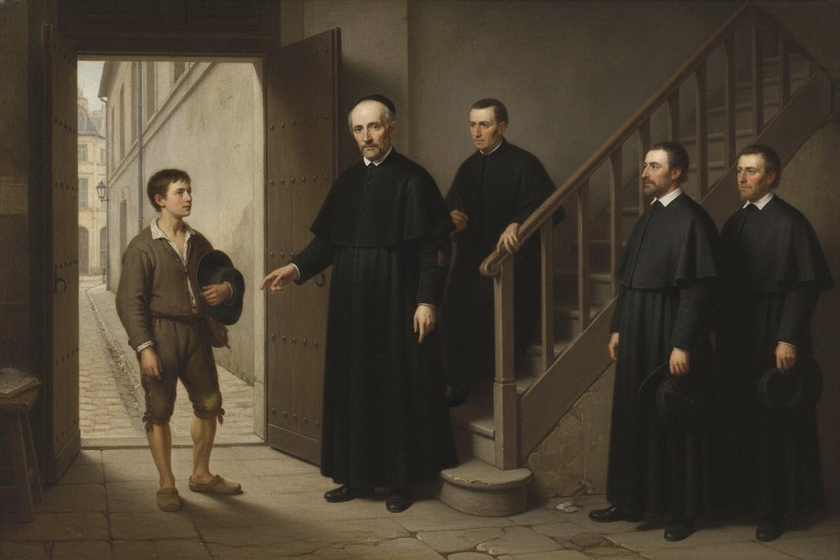 In a bare, low entry passage, a spare priest in a black cassock and skullcap comes down a wooden stair with his hand held out to a thin country boy in patched brown wool who stands in the light of the open street door, holding his felt hat, while a younger priest watches from the stair and two men in black wait at the right.