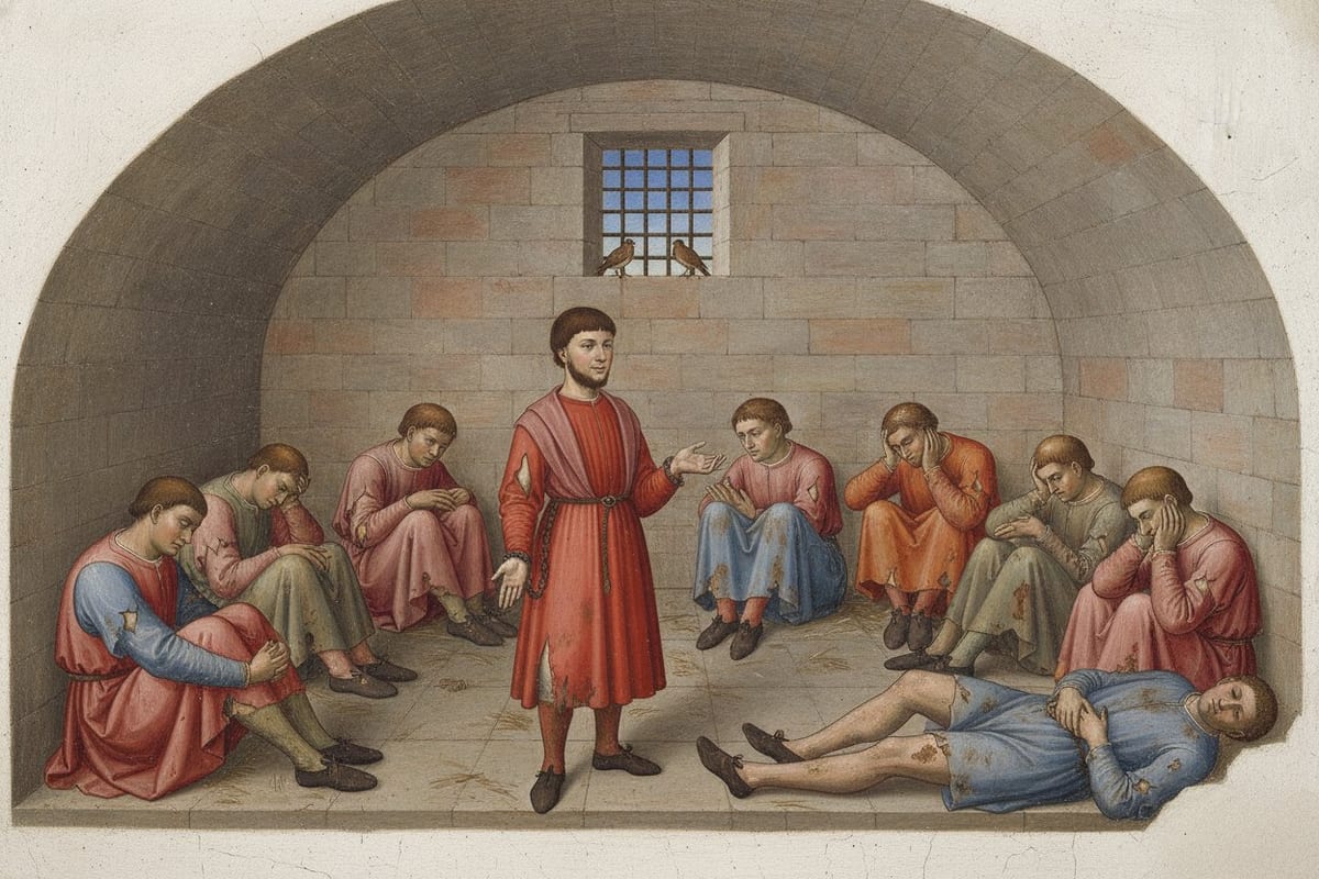 A medieval Italian wall painting of a barrel-vaulted stone prison room where nine men in red, rose and blue medieval dress sit slumped against the walls or lie on the straw floor, while a young man in a red belted gown stands at the centre speaking to them with his hands open and a chain at his wrist, and two small brown birds perch on the sill of a barred window high in the far wall.