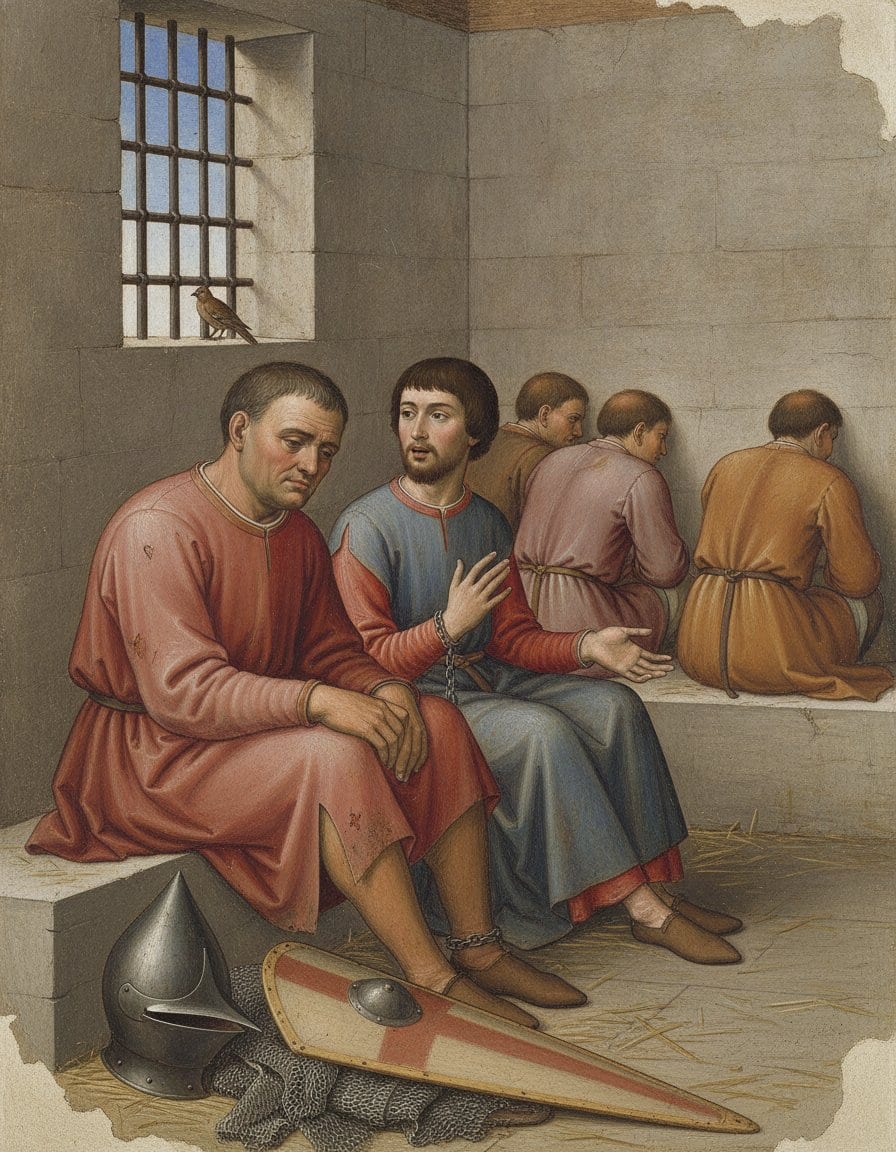 A medieval wall painting of a stone prison room in which a young man with dark hair and a thin beard sits talking to a heavier, grey-haired man in a red tunic, both chained, with a helm, mail and shield on the straw-strewn floor, four men sitting with their backs turned along the far wall, and a small bird on the ledge of a barred window.