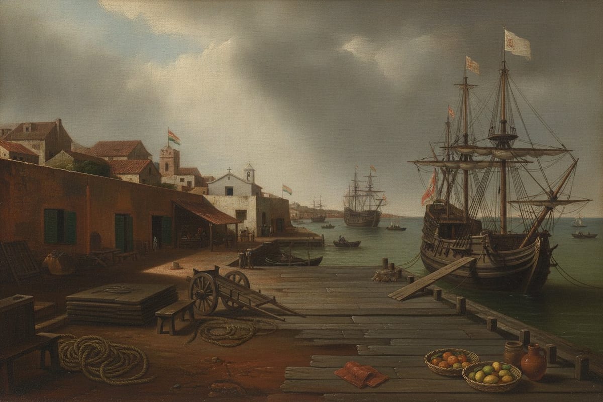An oil painting of a colonial harbour under a heavy grey sky: a plank wharf with a hand-cart, coils of rope, water jars and two baskets of oranges and lemons in the foreground, a large wooden merchant ship made fast at the right with a boarding plank down, more ships anchored across the bay, and the ochre wall, tiled roofs and small white church of a walled Spanish port behind.