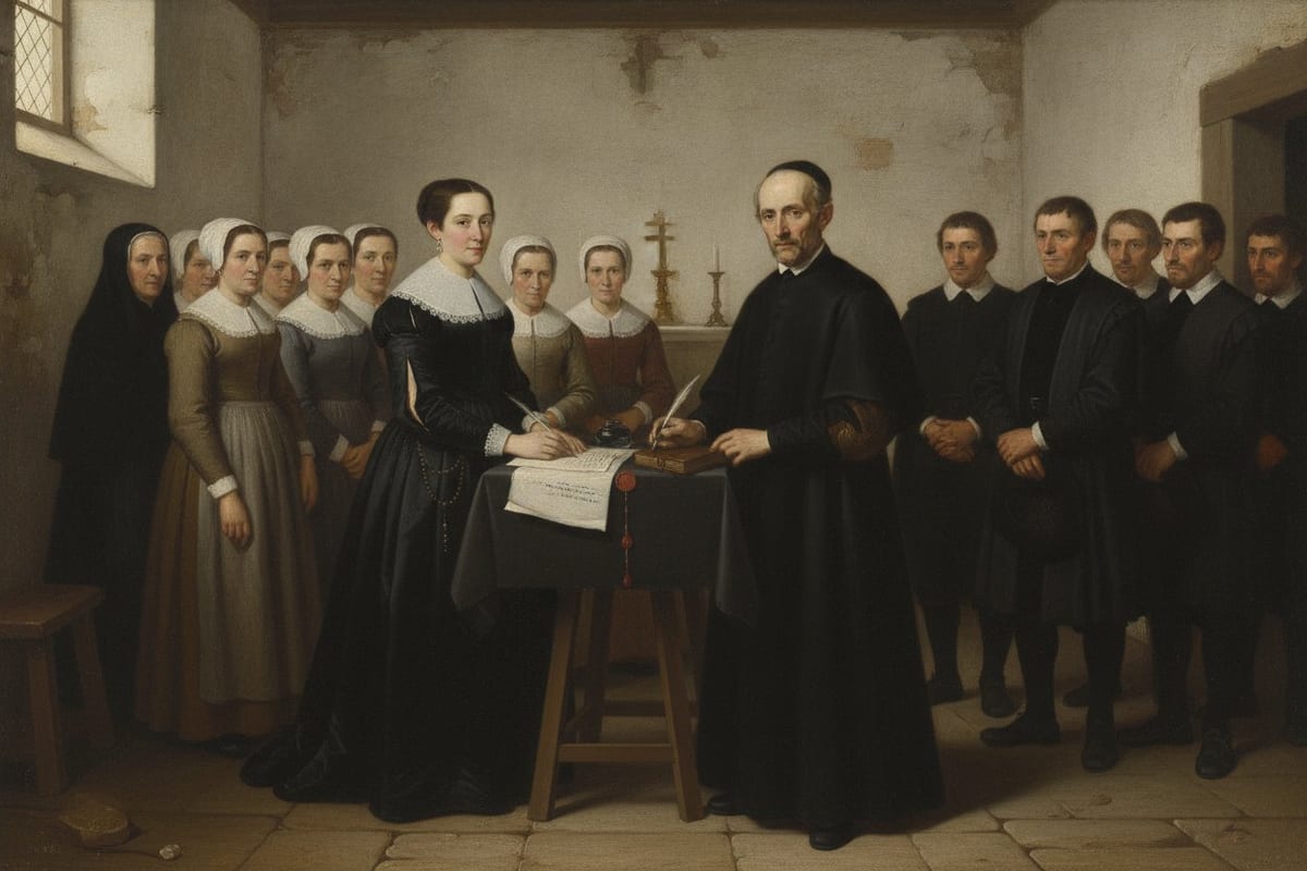 An oil painting of a plain low chapel: a woman in a black gown with a white lace collar stands at a small cloth-covered table holding a quill over a sheet of names, a group of townswomen in linen caps behind her, a row of townsmen in dark cloth holding their hats at the right, and a spare, upright priest in a plain black cassock and small white collar standing at the near end of the table.