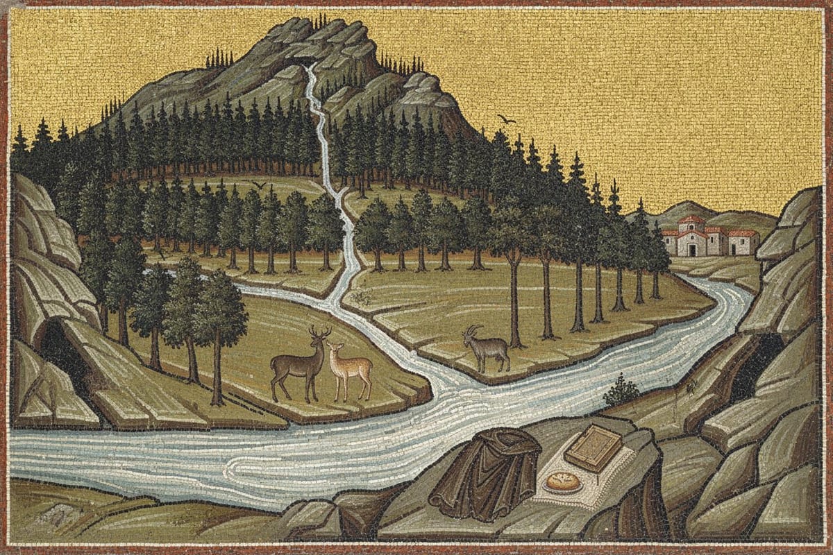 A Byzantine-style mosaic of an empty wooded glen: a pine-covered mountain with a stream falling down its face, a grassy plain fenced by trees where two deer and a wild goat stand at the water, a fast river across the foreground, a folded brown cloak, a wooden-boarded book and a loaf set on a rock at the near bank, and small tile-roofed farm buildings beyond.