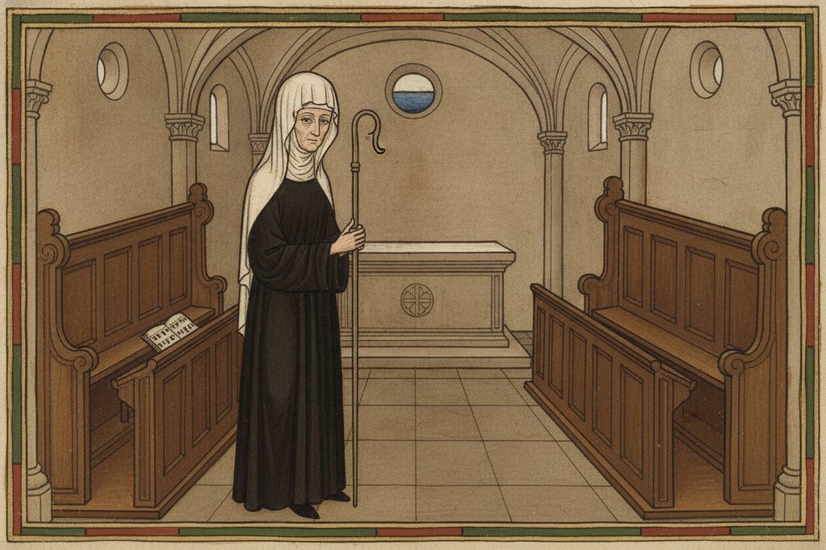 A manuscript-style painting of an elderly nun in a black Benedictine habit and white veil standing alone with an abbess's crozier between two rows of empty choir stalls in a stone church, before a bare altar.