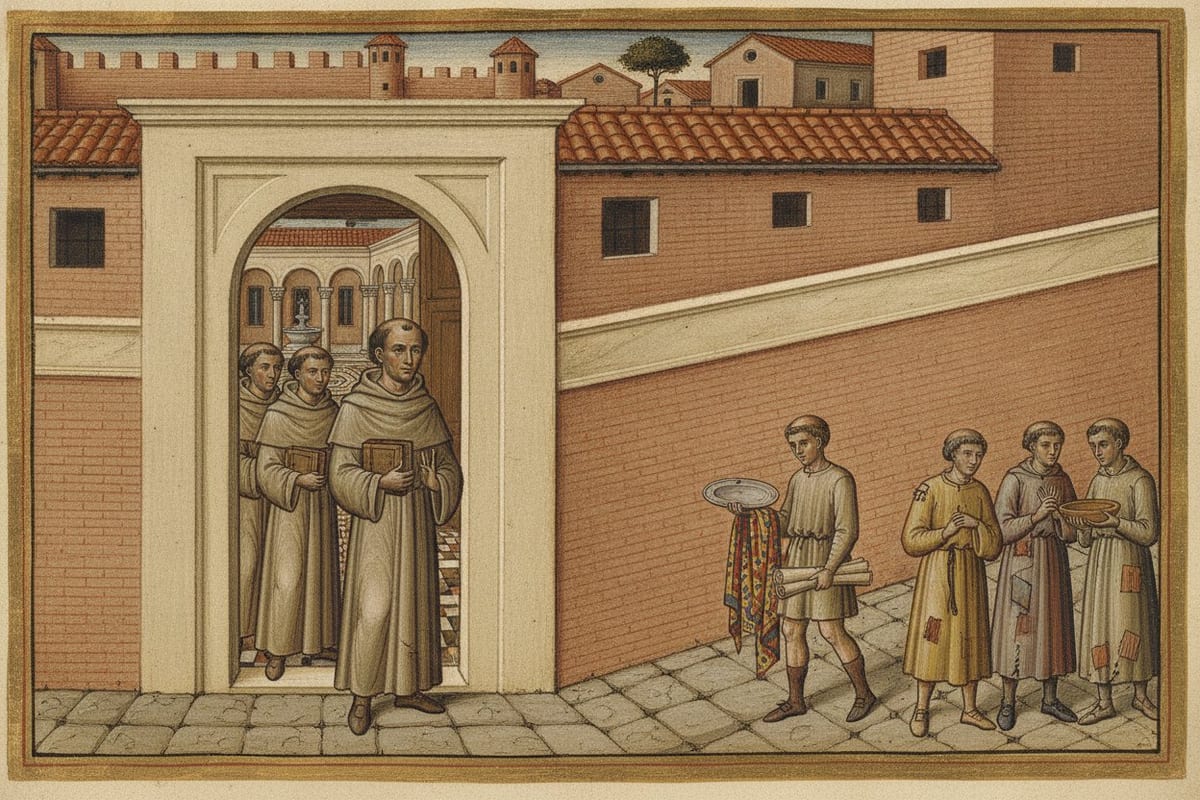 A manuscript-style painting of a steep Roman street: a tonsured monk in plain wool stands in the open doorway of a large brick house with a codex under his arm, two brethren behind him, while a servant carries a silver dish, coloured silk and rolled deeds out to three poor people waiting with a bowl.