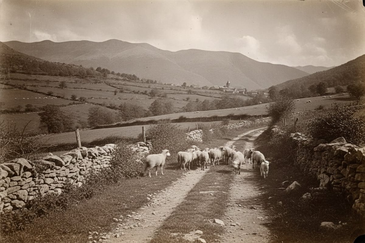 A warm-toned monochrome photograph of a rutted stone-and-earth track between drystone walls in hill country, with about a dozen sheep and lambs drifting up it and a small village with a church tower in the valley beyond, the Pyrenean ridges closing the top of the frame.