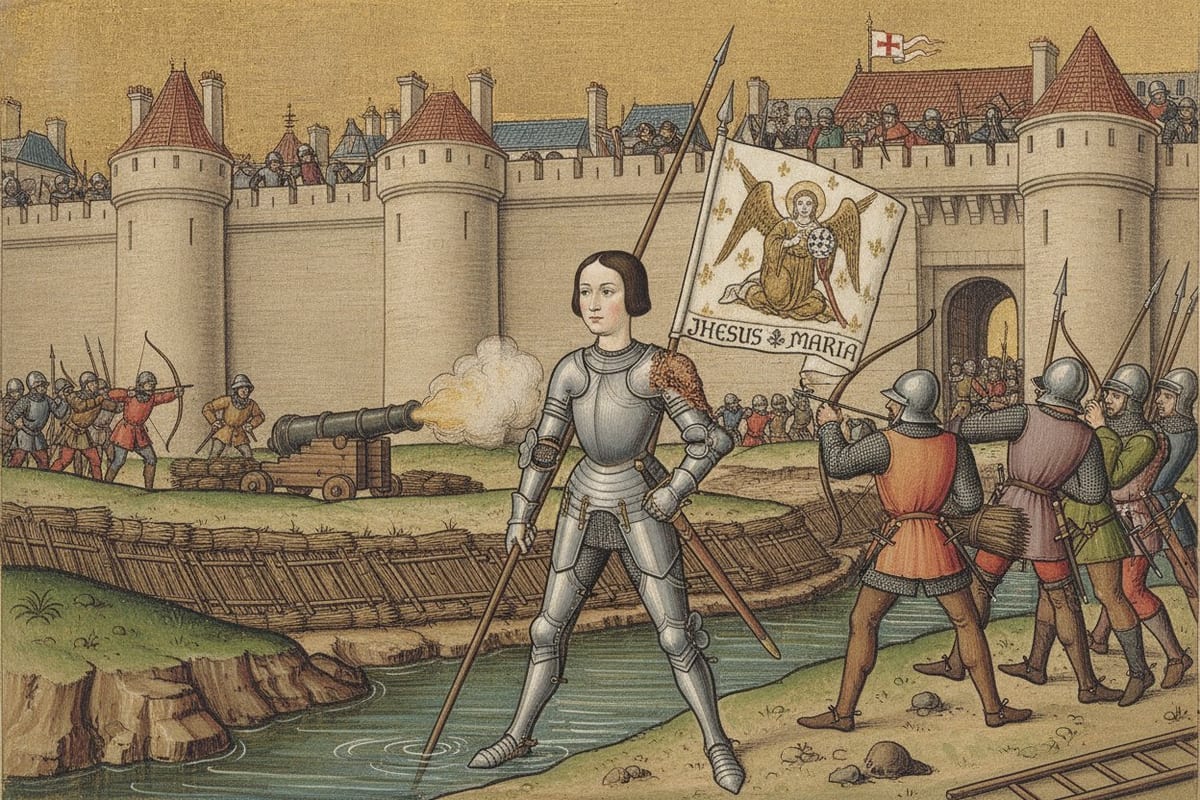 A manuscript-style illumination of a young woman in white plate armour, bare-headed with dark cropped hair, standing at the edge of a water-filled ditch below a high city wall, dipping a long lance into the water with one hand and holding her white fleur-de-lys standard with the other while defenders shoot from the crenellations above.