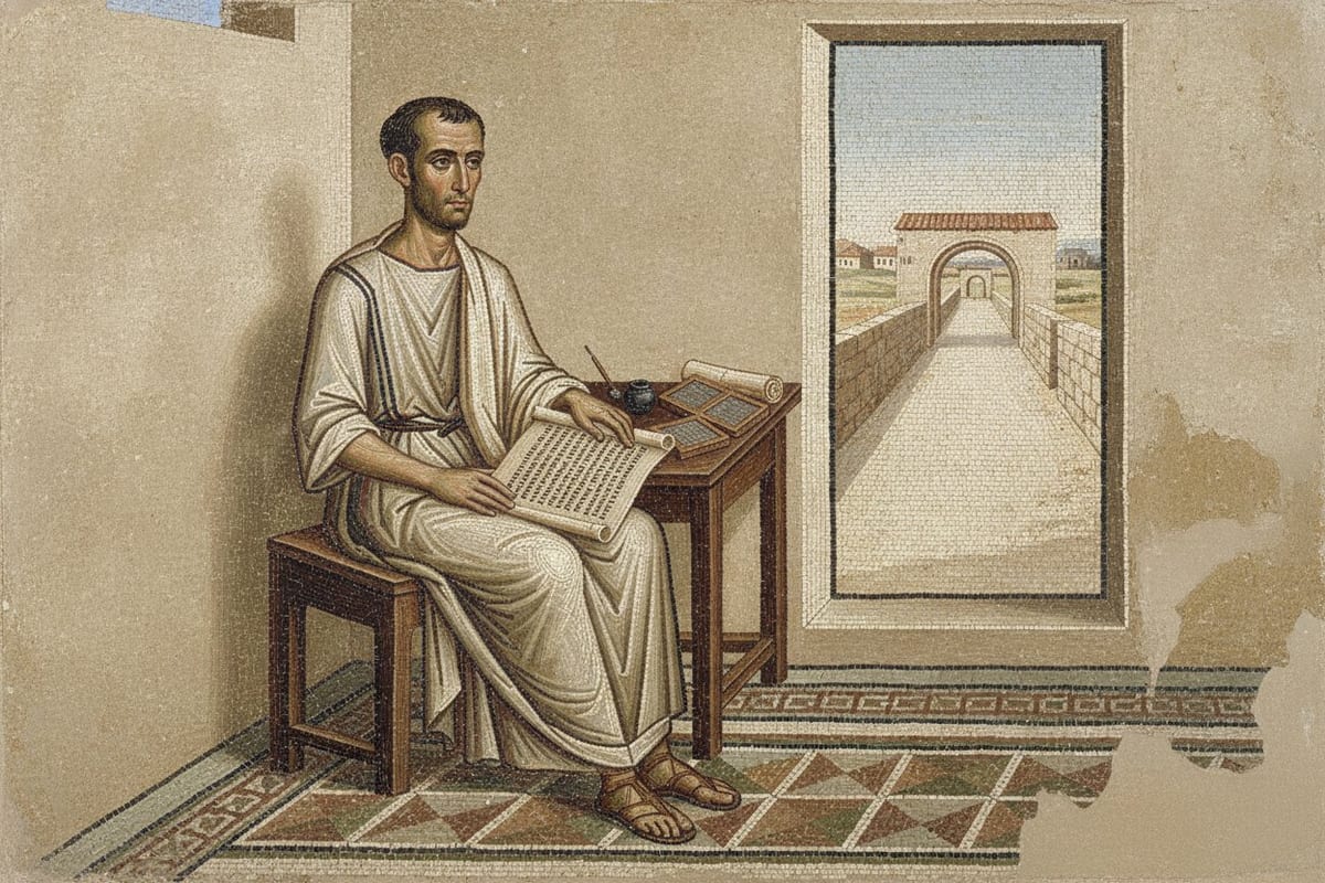 A mosaic of a slight young man in a belted undyed tunic and pallium, seated on a stool at a low table with a reed pen, inkwell and wax tablets, holding an unrolled papyrus letter, beside an opening that looks out on an empty road leading to an arched gate.