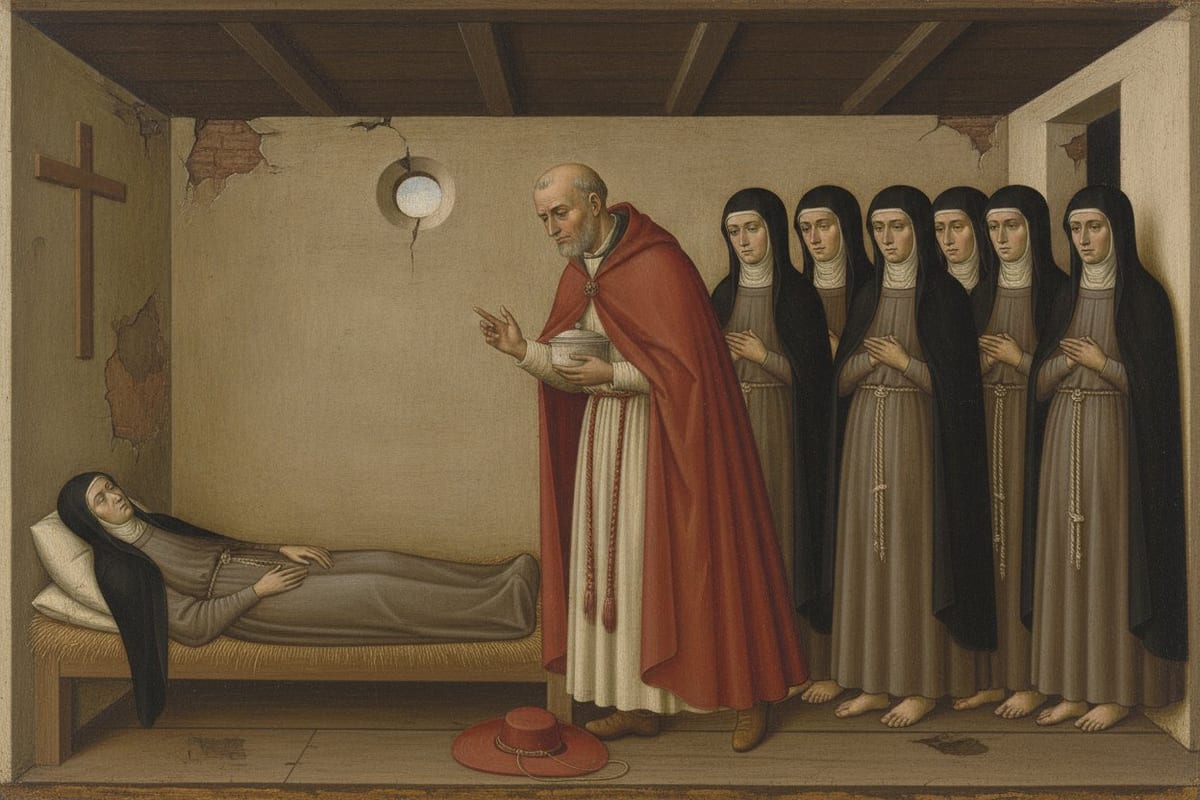 A painted panel of a bare convent room with the front wall taken away: a veiled woman in a grey-brown habit lies on a low straw bed at the left, while a bearded man in a red mantle, holding a small covered silver vessel, stoops towards her and speaks to a row of barefoot veiled sisters standing against the far wall.