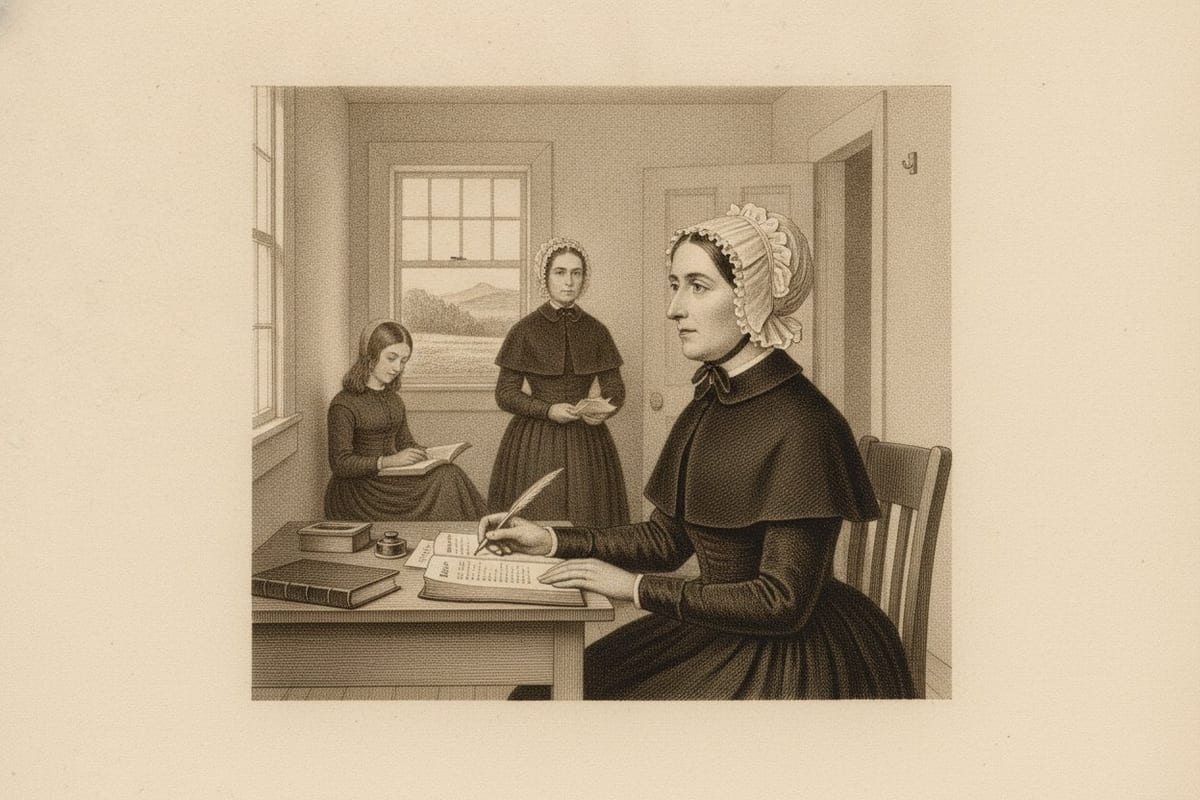 A sepia engraving of a woman in a black gown, short black cape and white ruffled cap sitting in profile at a plain writing table with a quill, an inkstand and an open book, in a whitewashed farmhouse room where another woman in the same dress waits by the door and a girl reads at the window.